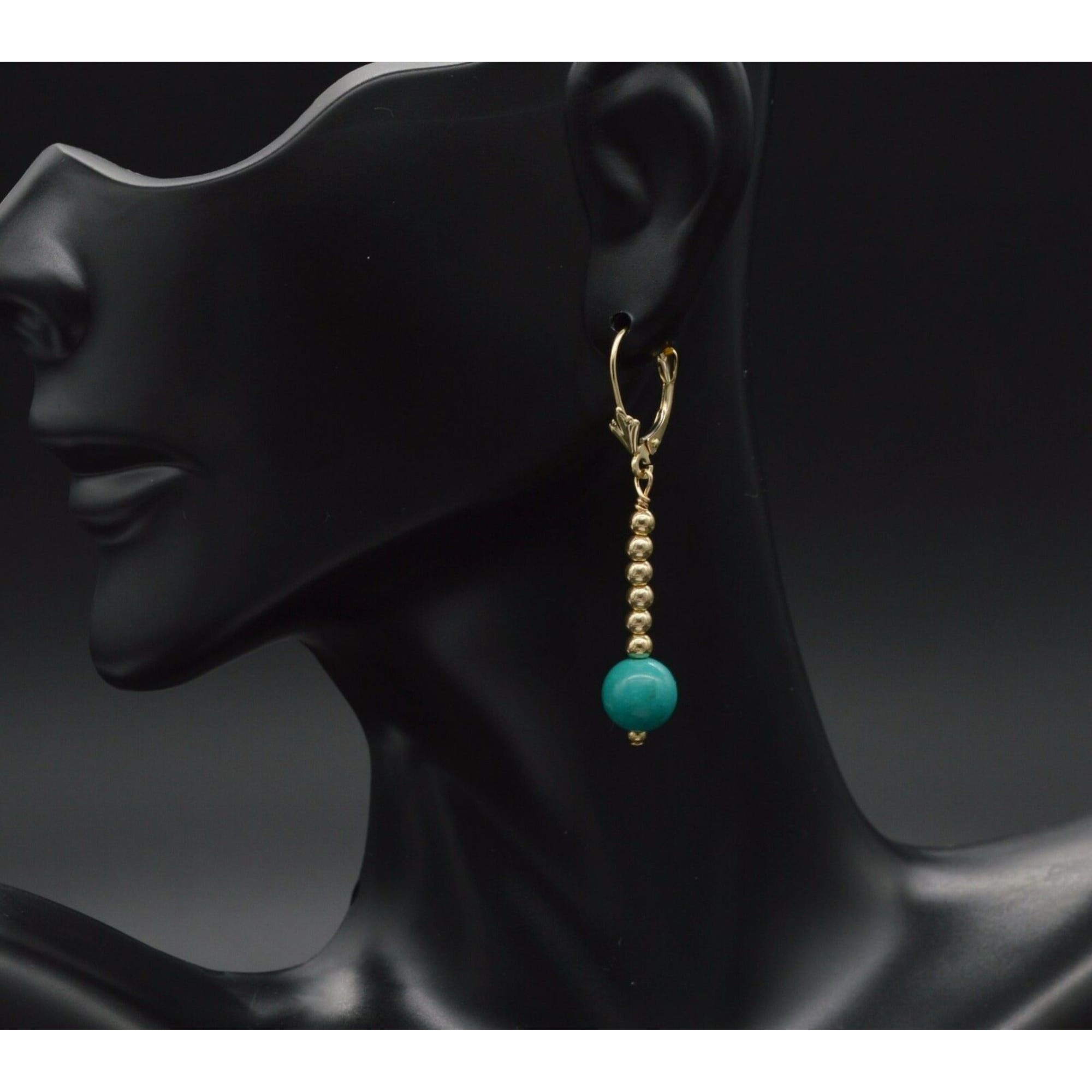 14k Solid Gold Natural Turquoise & Gold Beads Leverback Earrings